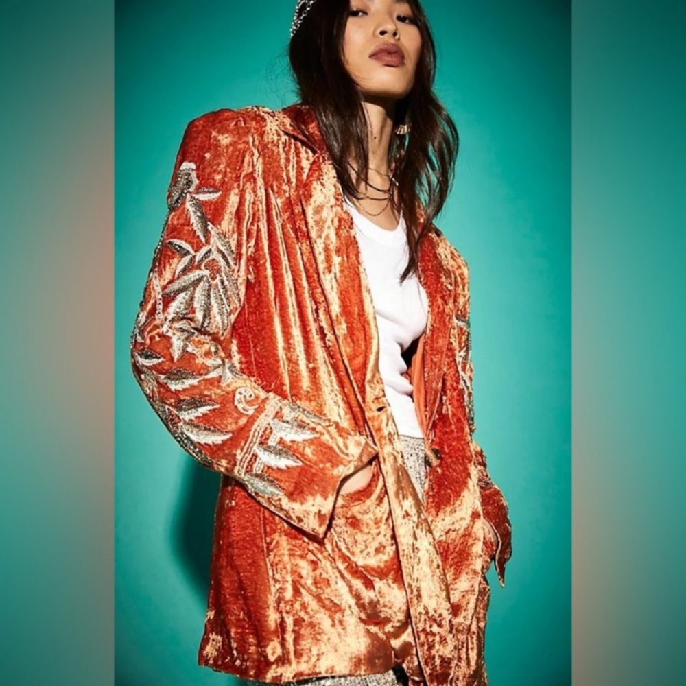 Free People Orange Velvet Blazer with Silver Embroidery